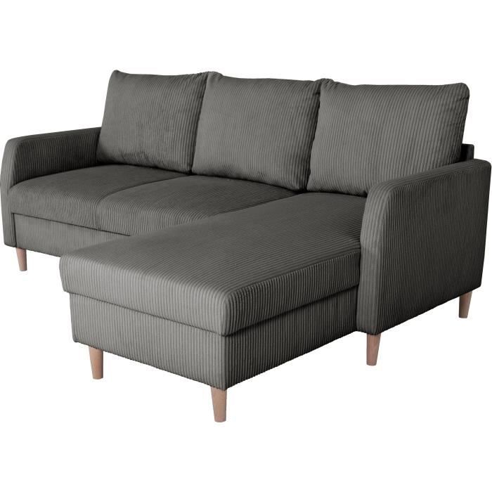 Canapé d'angle fixe - 3 places - CHIPY - Tissu Lincoln Anthracite - Pieds bois nature - 192 x 82 x 138 cm