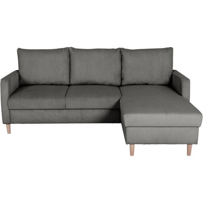 Canapé d'angle fixe - 3 places - CHIPY - Tissu Lincoln Anthracite - Pieds bois nature - 192 x 82 x 138 cm