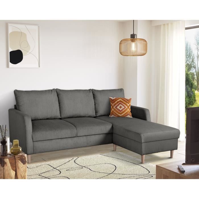 Canapé d'angle fixe - 3 places - CHIPY - Tissu Lincoln Anthracite - Pieds bois nature - 192 x 82 x 138 cm