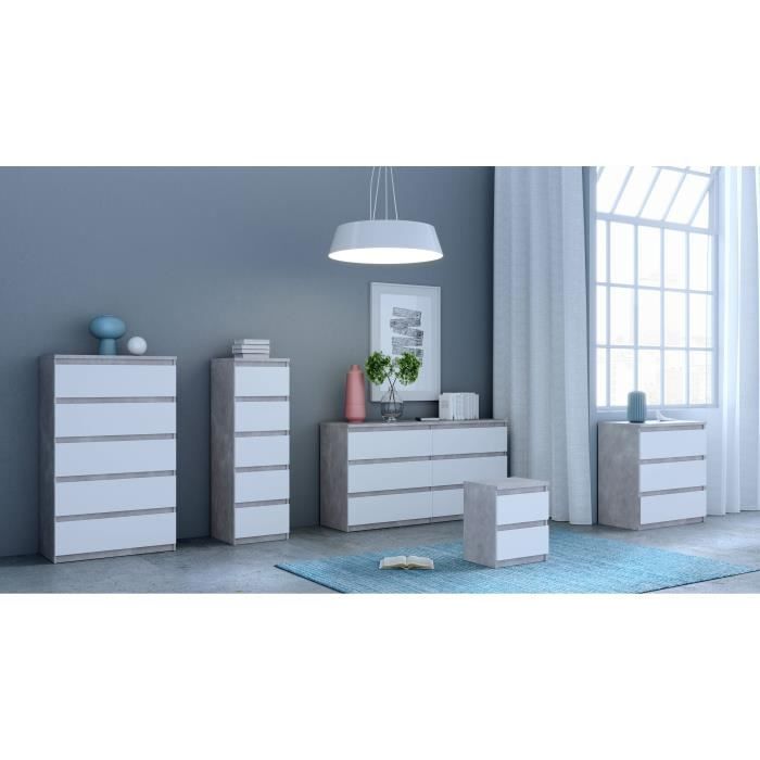 Commode CHELSEA 5 tiroirs - 41,8 cm - DÈcor optique bÈton clair KILOX et blanc mat
