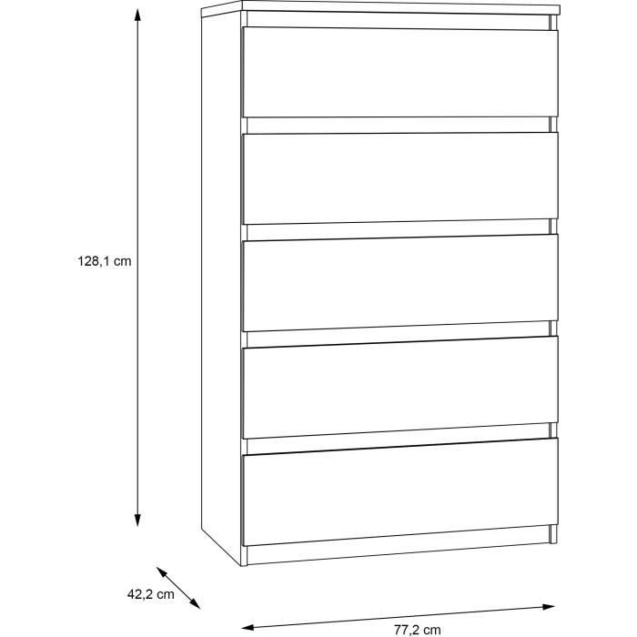 Commode CHELSEA 5 tiroirs - L 77,2 x P 42,2 x  H 128,1 - DÈcor chene sonoma