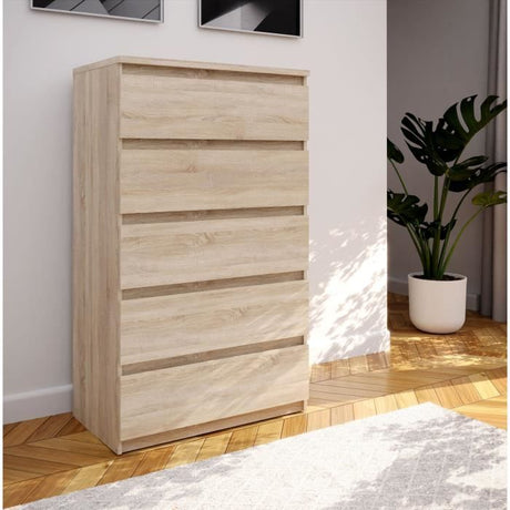 Commode CHELSEA 5 tiroirs - Décor chene - L 77,2 x P 42,2 x  H 128,1cm