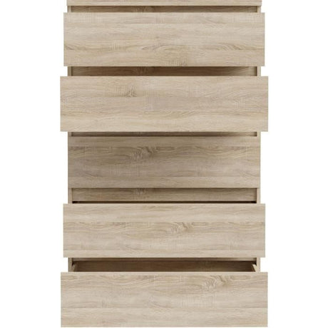 Commode CHELSEA 5 tiroirs - Décor chene - L 77,2 x P 42,2 x  H 128,1cm