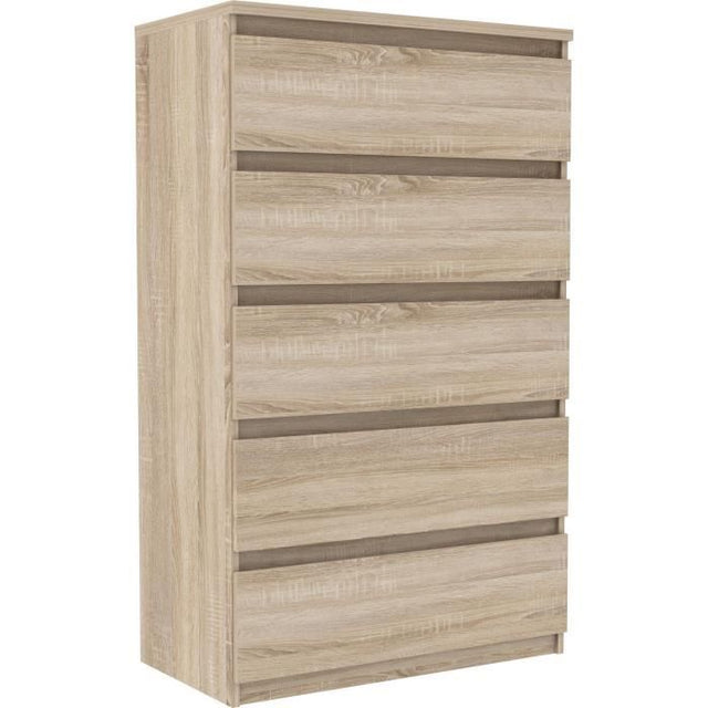 Commode CHELSEA 5 tiroirs - Décor chene - L 77,2 x P 42,2 x  H 128,1cm
