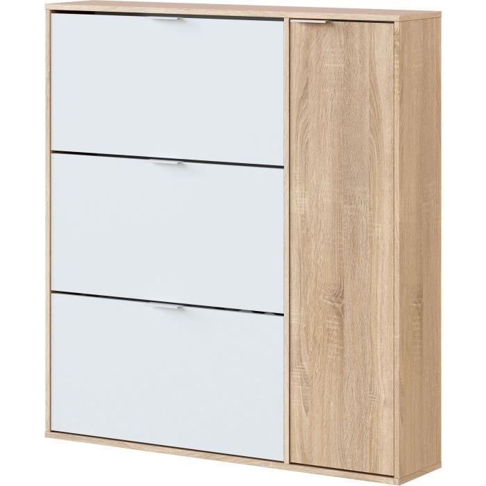Meuble a chaussures - CLASS - 3 tiroirs abattants et 1 porte - Chene et blanc - L106xP22xH115cm