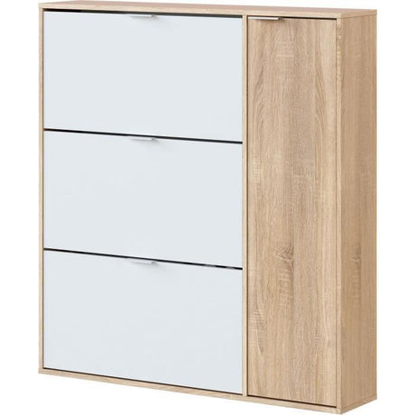 Meuble a chaussures - CLASS - 3 tiroirs abattants et 1 porte - Chene et blanc - L106xP22xH115cm