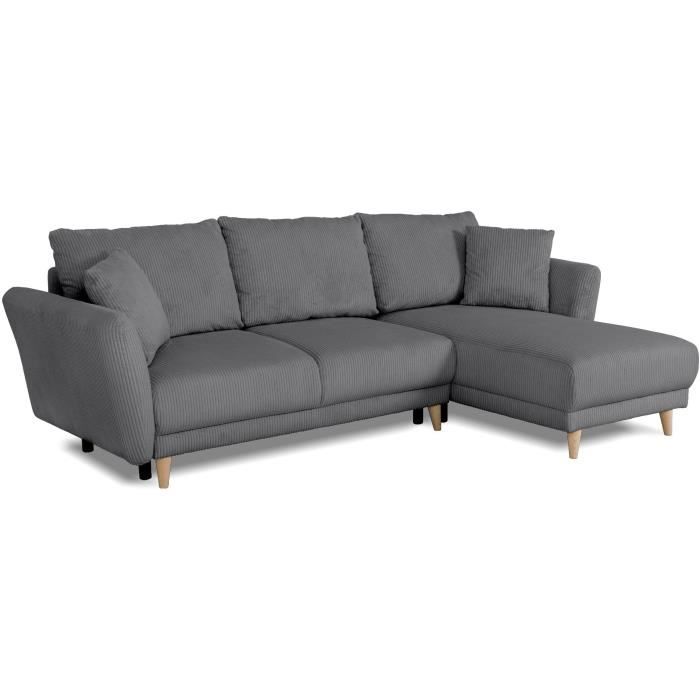 Canapé d'angle convertible réversible - 3 / 4 places - CLAUDIUS - Tissu Velours côtelé Anthracite - Coffre - 244 x 158 x 86 cm