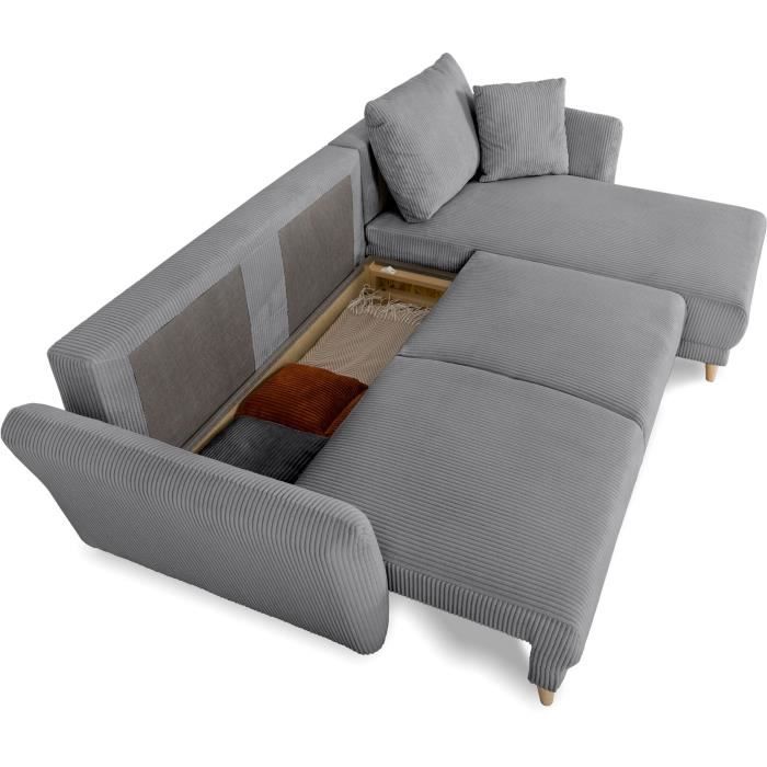 Canapé d'angle convertible réversible - 3 / 4 places - CLAUDIUS - Tissu Velours côtelé Anthracite - Coffre - 244 x 158 x 86 cm