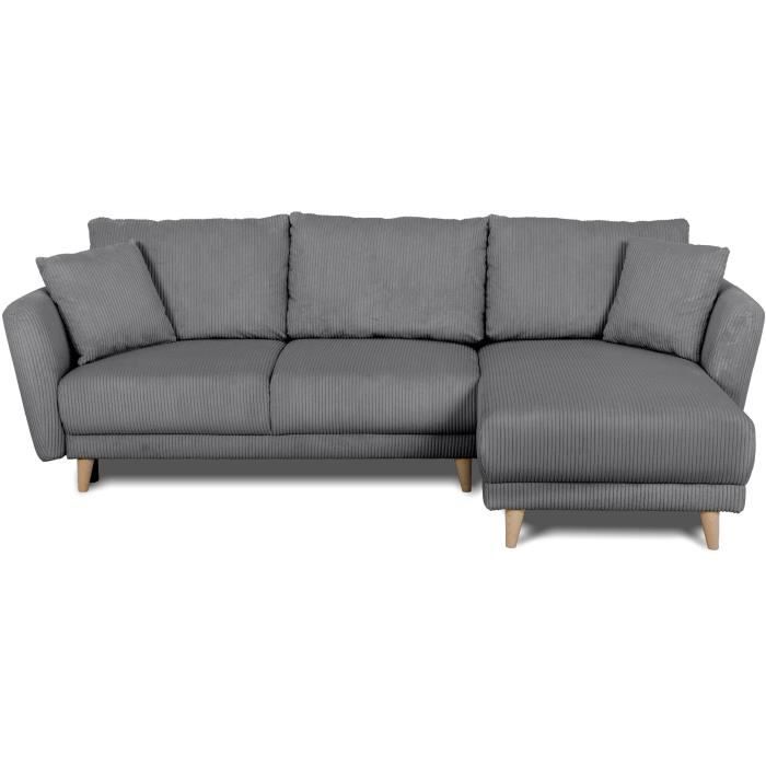 Canapé d'angle convertible réversible - 3 / 4 places - CLAUDIUS - Tissu Velours côtelé Anthracite - Coffre - 244 x 158 x 86 cm