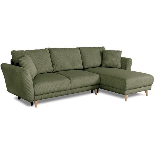 Canapé d'angle convertible réversible - 3 / 4 places - CLAUDIUS - Tissu Velours côtelé Kaki - Coffre - 244 x 158 x 86 cm
