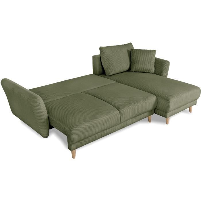Canapé d'angle convertible réversible - 3 / 4 places - CLAUDIUS - Tissu Velours côtelé Kaki - Coffre - 244 x 158 x 86 cm