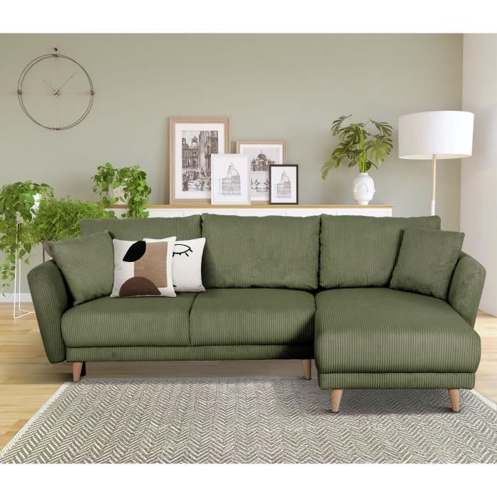 Canapé d'angle convertible réversible - 3 / 4 places - CLAUDIUS - Tissu Velours côtelé Kaki - Coffre - 244 x 158 x 86 cm