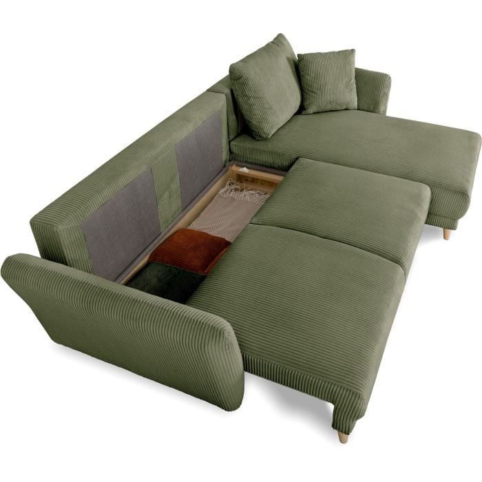 Canapé d'angle convertible réversible - 3 / 4 places - CLAUDIUS - Tissu Velours côtelé Kaki - Coffre - 244 x 158 x 86 cm