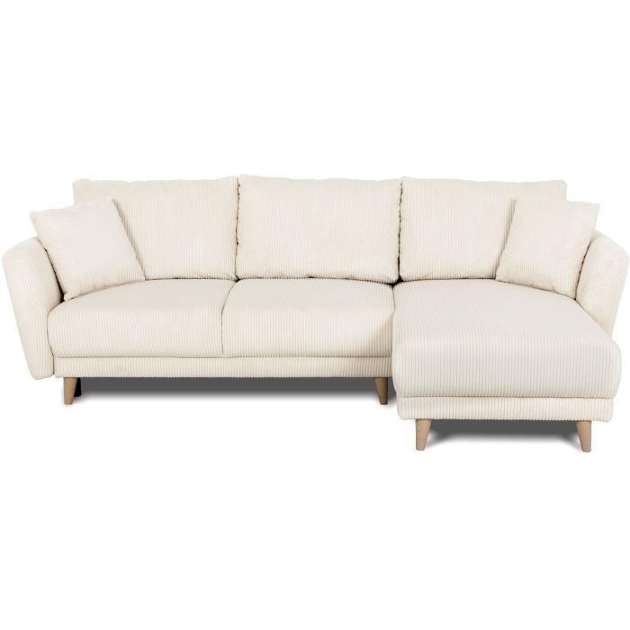 Canapé d'angle convertible réversible - 3 / 4 places - CLAUDIUS - Tissu Velours côtelé beige - Coffre - 244 x 158 x 86 cm