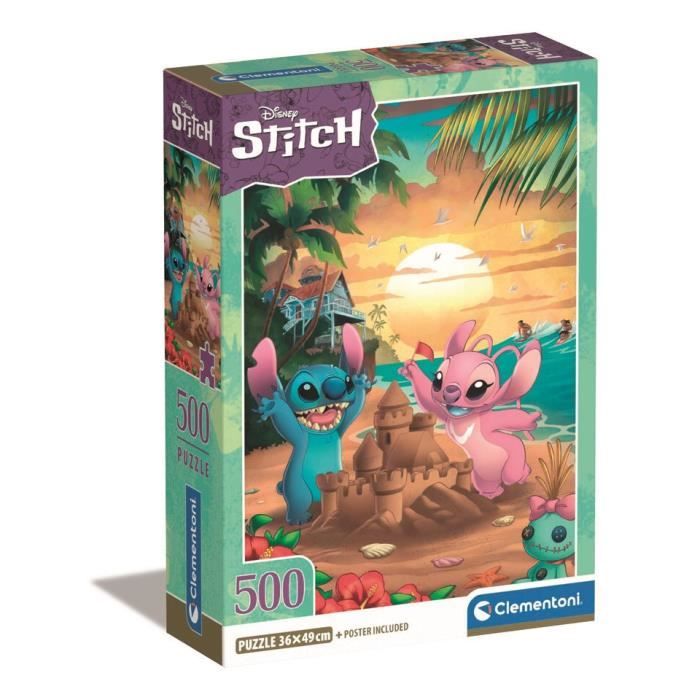 Puzzle 500 pieces Stitch compact, Pour enfants a partir de 3 ans, Theme dessins animés, CLEMENTONI