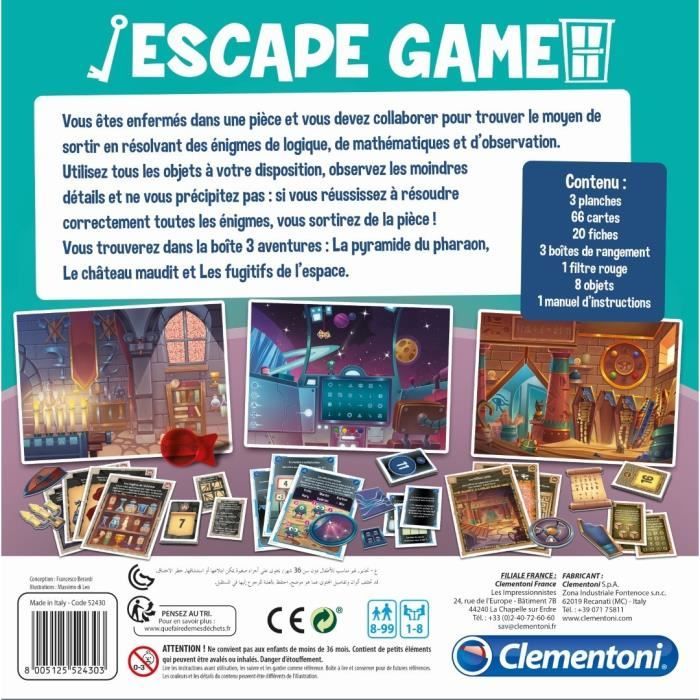 Clementoni - Escape Game - 3 pieces : Pharaon, Espace, Château - 1 a 8 joueurs