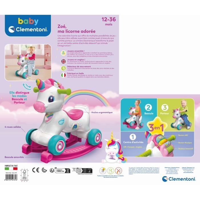 Licorne a bascule et a roues - Clementoni - Rose - Capteur de caresse et détecteur de mouvement