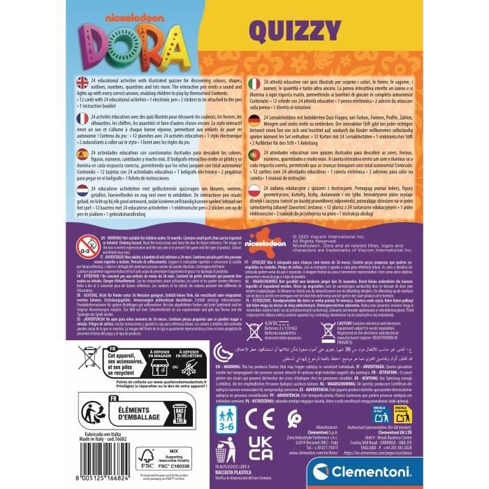 Clementoni - Quizzy Dora l'Exploratrice - des 3 Ans - Jeu Éducatif Interactif - Apprentissage Ludique avec Cartes Illustrées