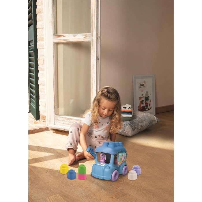 Clementoni - Bus Stitch Clemmy - 6 cubes souples a empiler - 2 figurines - Éveil sensoriel et motricité fine - Pour bébé des 6 mois