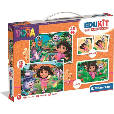 CLEMENTONI - Edukit 4 en 1 - Dora - Puzzle, Mémo, Cubes - Apprentissage Préscolaire Ludique - Idée Cadeau pour Enfants