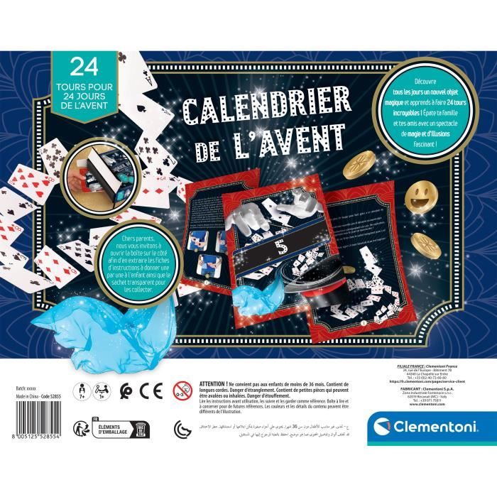 Calendrier de l'Avent Magicien, Theme Magie & Illusions, 24 tours différents, Inclus manuel illustré, CLEMENTONI 52855, Des 7 Ans