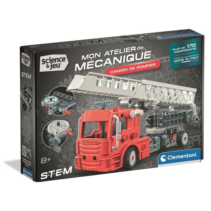 Camion de Pompier - CLEMENTONI - Mon Atelier Mécanique - Plus de 170 pieces - Des 8 ans - Fabriqué en Italie