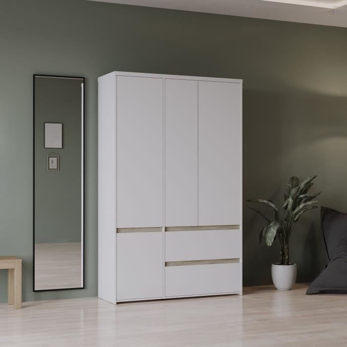 Armoire de chambre - CLYDE -  Décor Blanc et chene - 4 portes battantes - L138,2 x P50 x H220,5 cm - DEMEYERE