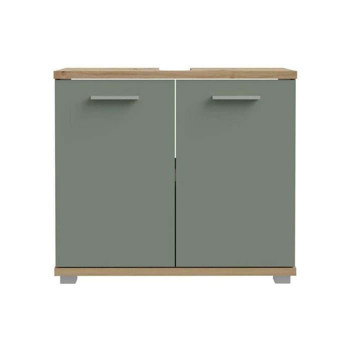 Meuble sous-lavabo - 2 portes - Décor chene & vert sauge - L69,9 x P28,9 x H62 cm - CHAMP