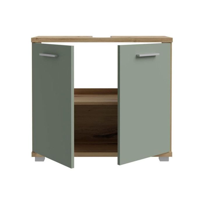 Meuble sous-lavabo - 2 portes - Décor chene & vert sauge - L69,9 x P28,9 x H62 cm - CHAMP
