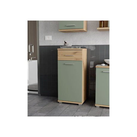 Meuble bas de salle de bain - Décor chene et vert sauge - L40,2 x P28,9 x H87,6 cm - CHAMP