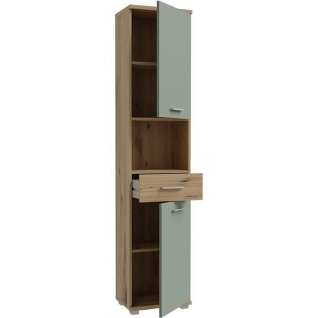 Meuble de salle de bain - Colonne - Décor Chene et Vert sauge - 2 portes - L40,2 x P28,9 x H183,6 cm
