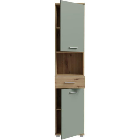 Meuble de salle de bain - Colonne - Décor Chene et Vert sauge - 2 portes - L40,2 x P28,9 x H183,6 cm