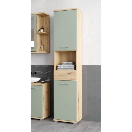 Meuble de salle de bain - Colonne - Décor Chene et Vert sauge - 2 portes - L40,2 x P28,9 x H183,6 cm