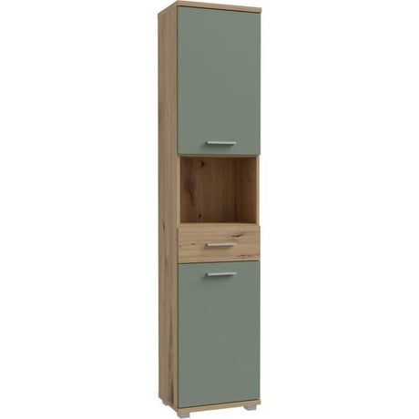 Meuble de salle de bain - Colonne - Décor Chene et Vert sauge - 2 portes - L40,2 x P28,9 x H183,6 cm