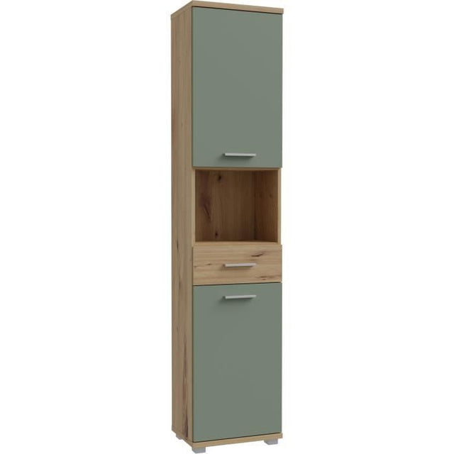 Meuble de salle de bain - Colonne - Décor Chene et Vert sauge - 2 portes - L40,2 x P28,9 x H183,6 cm