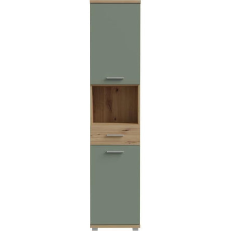 Meuble de salle de bain - Colonne - Décor Chene et Vert sauge - 2 portes - L40,2 x P28,9 x H183,6 cm