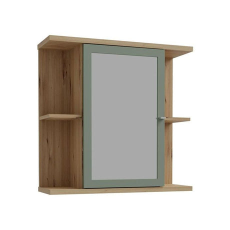 Armoire de toilette - Décor chene et vert sauge - Porte- Miroir - Etageres - L69,9 x P23,2 x H68,8 cm