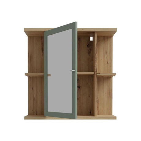 Armoire de toilette - Décor chene et vert sauge - Porte- Miroir - Etageres - L69,9 x P23,2 x H68,8 cm