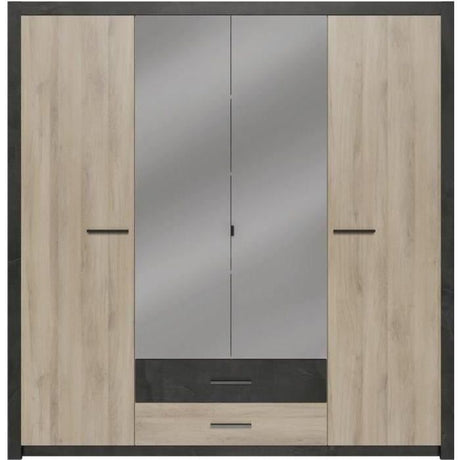 Armoire - Décor Chene et noir - 4 portes battantes - 2 tiroirs - Miroirs - L 198 x H 203,1 x 56,6 cm - COLORADO - Made in France