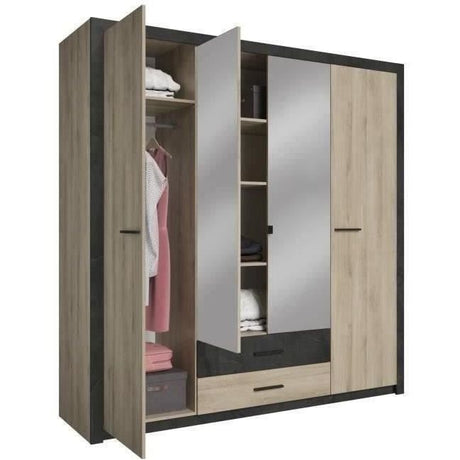 Armoire - Décor Chene et noir - 4 portes battantes - 2 tiroirs - Miroirs - L 198 x H 203,1 x 56,6 cm - COLORADO - Made in France