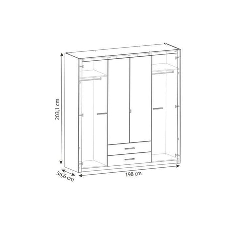 Armoire - Décor Chene et noir - 4 portes battantes - 2 tiroirs - Miroirs - L 198 x H 203,1 x 56,6 cm - COLORADO - Made in France