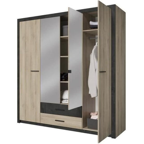 Armoire - Décor Chene et noir - 4 portes battantes - 2 tiroirs - Miroirs - L 198 x H 203,1 x 56,6 cm - COLORADO - Made in France