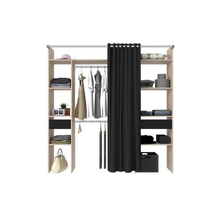 Dressing ARTIC avec rideau - L 198 x H 203 cm  - 2 colonnes + 2 penderies + 2 tiroirs - Chene Jackson et noir