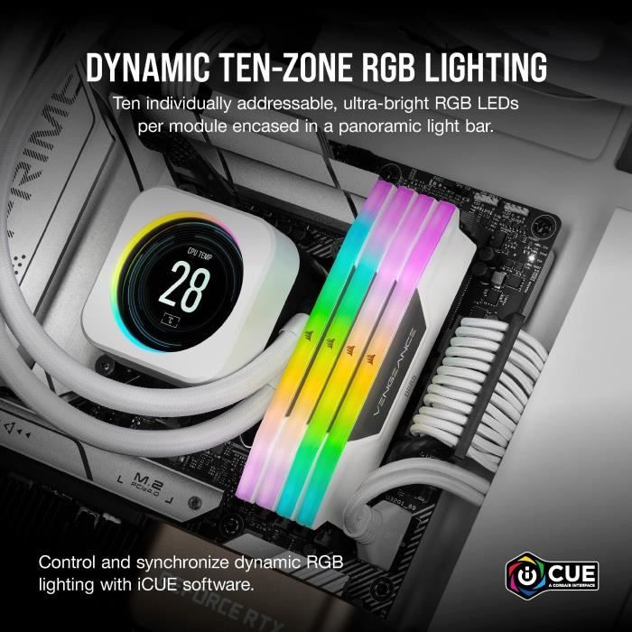 Mémoire RAM - CORSAIR - CMH32GX5M2B6000C40W - 32 Go 2x 16 Go - VENGEANCE RGB DDR5 White Heatspreader 6000MT/s - DIMM - CL 40