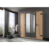 Armoire CORFOU - Décor Chene et gris anthracite + Miroirs - 4 portes battantes - 2 tiroirs - L180 x P58 x H199 cm