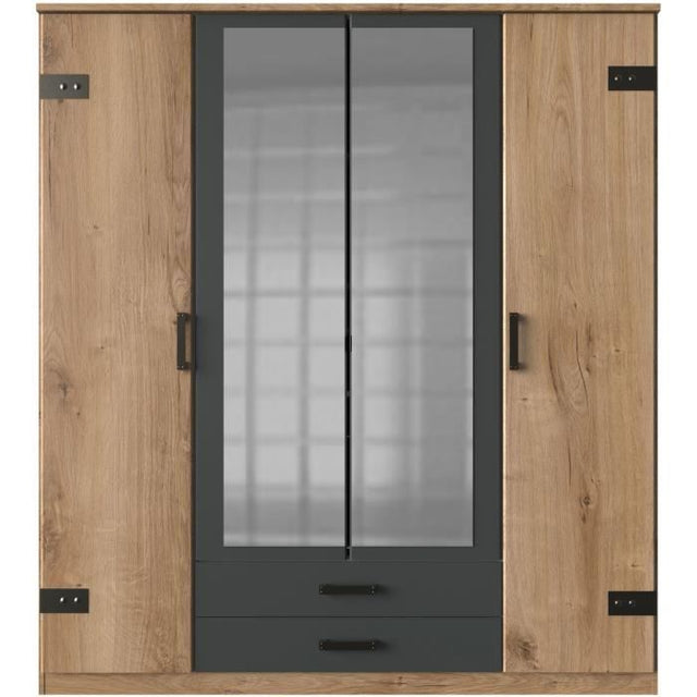 Armoire CORFOU - Décor Chene et gris anthracite + Miroirs - 4 portes battantes - 2 tiroirs - L180 x P58 x H199 cm