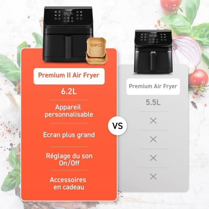 Friteuse sans huile COSORI - Premium II Chef Edition - Capacité 6,2L - 12 programmes - Pack 50 papiers cuisson - 1700W - Noir
