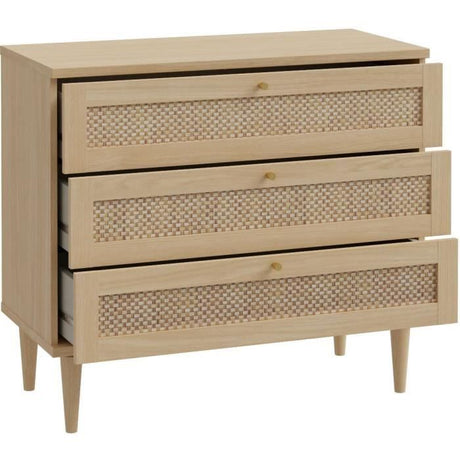 Commode - 3 tiroirs - Décor Chene- Cannage - L90,4 x P41,4 x H80 cm - CALASETTA