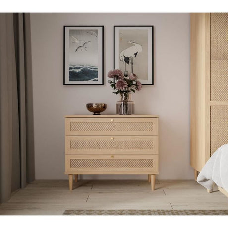 Commode - 3 tiroirs - Décor Chene- Cannage - L90,4 x P41,4 x H80 cm - CALASETTA