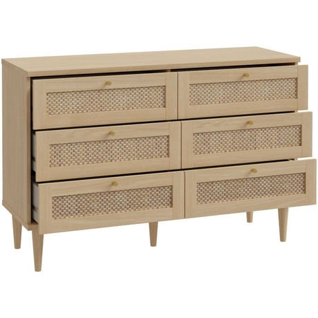 Commode - 6 tiroirs - Décor Chene - Cannage -  L120 x P41,4 x H80 cm - CALASETTA